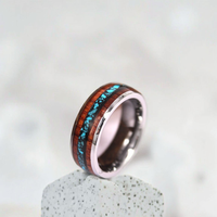 Bague en carbure de tungstène avec incrustation de bois et de turquoise concassée, alliance plate en argent, bijoux naturels d'extérieur en gros