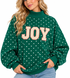 OEM <b>Women's</b> <b>Christmas</b> <b>Sweatshirt</b> Oversized Mock Neck Green JOY Letter Applique Embroidery Cream Cotton Pullover - Product Image 1