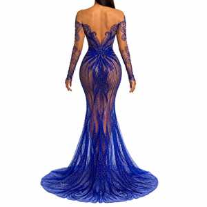 Vestido de Noche Recto Azul Rey Sexy con Lentejuelas de Lujo, Hombros Adornados, Largo hasta el Suelo, para Fiesta Formal, de Poliéster con Cola Natural - Product Image 4