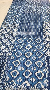 Handmade Hand Block Printed Indigo Blue Kantha <b>Quilt</b> Indigo Blue Cotton Kantha <b>Quilt</b> Indian Handmade Queen <b>Bedspread</b> - Product Image 6
