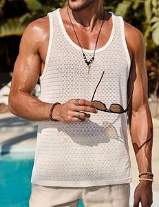 Mens Knitted <b>Mesh</b> Crochet Tank <b>Top</b> Summer Hollow Out Sleeveless Casual Breathable Customizable - Product Image 3