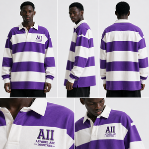 Custom <b>Men</b> Purple White Striped Rugby Sweatshirt Heavyweight Cotton Oversized Long Sleeve OEM Supplier <b>Men's</b> Hoodies - Product Image 2