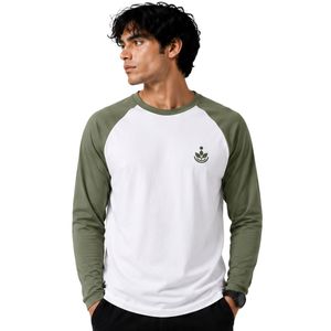 Camiseta de Manga Larga Raglán Blanca y Verde Oliva Personalizada para Hombre, Algodón Premium, Cuello Redondo Informal, Estilo Béisbol, Ropa Personalizada OEM - Product Image 1