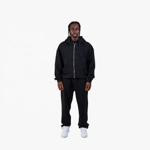 Custom Relaxed Fit Men's Black <b>Full</b> <b>Zip</b> <b>Hoodie</b> Tracksuit Set 100% Cotton Loose Fit Casual Wear Autumn Streetwear Jogging Outfit - Product Image 1