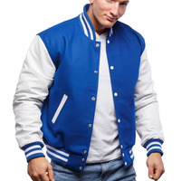 Veste universitaire bleue et blanche pour homme avec fermeture boutonnée, style preppy, coupe classique, en toile, pour l'automne