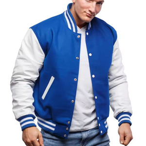 Men's Blue And <b>White</b> Varsity <b>Jacket</b> With Button Closure Preppy Style Regular Fit Canvas Material Autumn Wear - Product Image 1