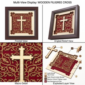 Framed Wooden Cross Wall Decor with Carved <b>Floral</b> Pattern Red Background Traditional Design for Living Room or Behind Doors - Product Image 6