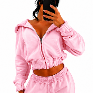 Ensemble sweat à capuche 2 pièces en polaire rose pour femme, coupe droite, couleur unie, avec poches zippées et broderies, toutes saisons - Product Image 5