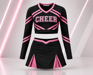 Wholesale Low Price Adults Polyester Cheerleading Uniform Set <b>Long</b> <b>Sleeve</b> <b>Crop</b> Top Mini Skirt <b>Black</b> Pink Rhinestone Heat - Product Image 1