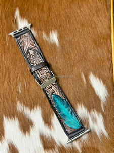 Handmade Custom Design Western Floral <b>Tooled</b> & Painted Leather Beautiful Turquoise <b>Flare</b> Watch Band Genuine Leather Watch Straps - Product Image 4