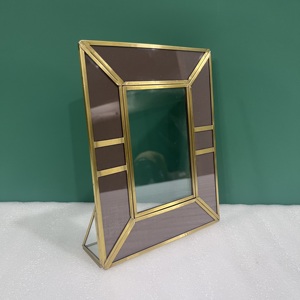 <b>Rectangular</b> Metal <b>Mirror</b> Frame With <b>Gold</b> Trim And Brown Glass Panels Vertical Design - Product Image 1