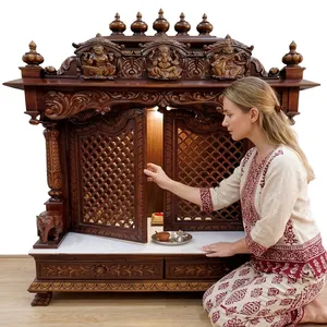 Mandir hindú de madera de teca de primera calidad con puertas, marrón, tallado a mano, unidades de Pooja tradicionales, Mandir hindú de madera para el hogar, Reino Unido - Product Image 2