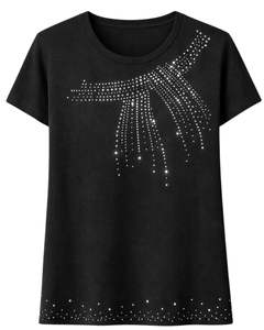 Camiseta de algodón negra personalizada para mujer con diseño de borlas de diamantes de imitación, manga corta, cuello redondo, top informal de moda para damas, venta al por mayor. - Product Image 1