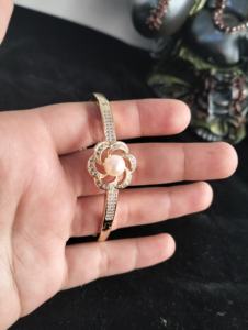 Gold Plated Freshwater Pearl <b>Bracelet</b> with American Diamond Flower Design – Luxury CZ Pearl <b>Bracelet</b> for Women - Product Image 2