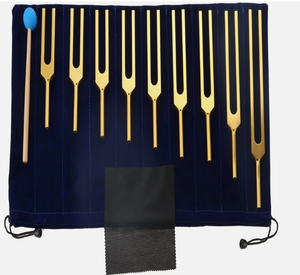 Juego de 9 diapasones Solfeggio dorados con bolsa de silicona para curación - Product Image 1