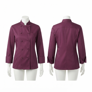 เสื้อเชฟผู้หญิง พรีเมียม ผ้าโพลีเอสเตอร์ 65% ผ้าฝ้าย 35% ทวิล 240 GSM สีเบอร์กันดี ดีไซน์ลายแผง ปักลายตามสั่ง พิมพ์ลาย ป้ายทอ - Product Image 1