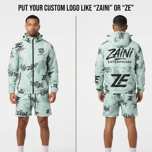 Mens <b>Windbreaker</b> Short Set Premium 100 Polyester 110 GSM Lightweight Water Resistant Mint <b>Black</b> Custom Sublimation Print Logo - Product Image 1