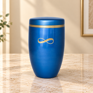 Urne commémorative bleu roi avec emblème Infini d'amour infini et accent doré métallique, récipient de rangement pour cendres funéraires - Product Image 1