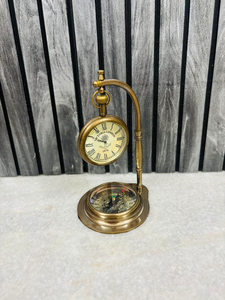Antique Brass <b>Desk</b> <b>Clock</b> with Compass Vintage Nautical Tabletop Timepiece Retro Office Home Decor - Product Image 4