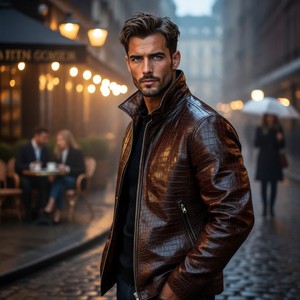 Veste de moto en cuir texturé crocodile marron pour homme, taille plus, col montant, fermeture éclair, veste de motard - Product Image 3