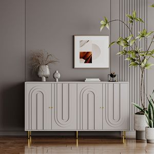 Modern Gray Lacquered 4-Door Wooden Cabinet Sideboard <b>Buffet</b> <b>Server</b> for Living Room Entryway Hallway Storage - Product Image 4