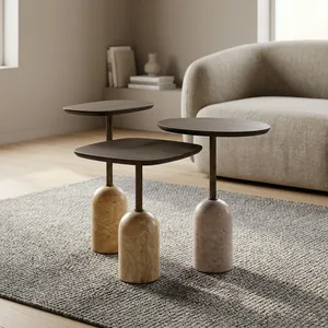 Modern Minimalist Nesting Coffee <b>Tables</b> Stone Base Metal Top Living Room Furniture - Product Image 6