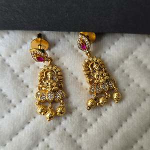 Nakshi Gold Plated Chandelier Earrings with Freshwater Pearls Oxidized Polish Finish Indian Style - Product Image 3