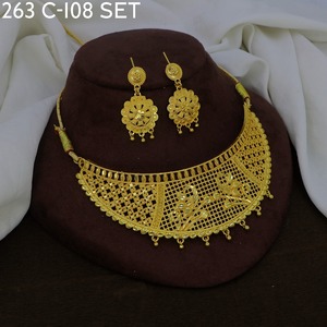 MIJ Elegant Gold Plated Vintage Style Geometric Design Women's <b>Bridal</b> Necklace Earring Set Ceylon Style South Indian Kandyan Set - Product Image 3