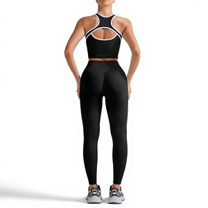 Women's 2 Piece Sporty Set Black Knitted Yoga Leggings Sports <b>Bra</b> With Side Stripe Breathable Full Length Skinny Fit - Product Image 5