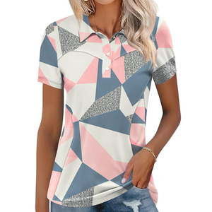Polo de Manga Corta con Estampado Geométrico para Mujer, Transpirable, de Poliéster Tejido, Informal, Venta al Por Mayor, Personalizable OEM - Product Image 1