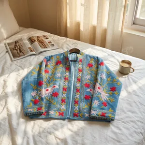 Women's 100% Cotton Knitted Stand Collar Floral Embroidered Bird Pattern <b>Long</b> Sleeve <b>Cardigan</b> Jacket for Autumn/Winter - Product Image 3