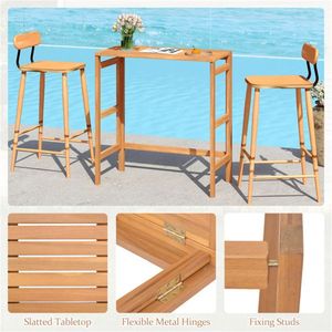 Natural Acacia Wood Foldable Patio Bar <b>Table</b> with Footrest <b>Space</b> <b>Saving</b> Outdoor Pub <b>Table</b> with Slatted Top - Product Image 6