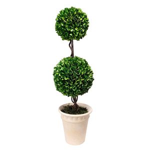Vaso Crema D7x22"H con Sfera di Bosso Artificiale a Due Livelli, Piante e Fogliame Finti - Product Image 2
