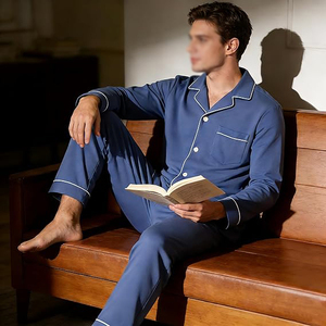 Blue Long Sleeve <b>Pajamas</b> <b>Set</b> Solid Color Cotton Knitted Casual Sleepwear with Pocket Autumn Wear - Product Image 5