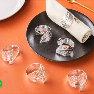 Anillos de Servilleta Metálicos Modernos con Acabado Plateado en Forma de Hoja para Vajilla de Restaurante y Suministros para Eventos Especiales - Product Image 1