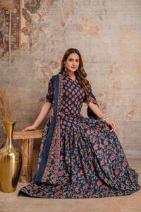 Traditional <b>Navy</b> Blue Cotton Floral Printed Kurti With Long <b>Skirt</b> & Dupatta Set For <b>Women</b> Casual Wear India Pakistan Style - Product Image 4