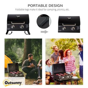 Griglia da barbecue portatile a Gas propano a 2 fuochi con gambe pieghevoli e termometro a coperchio per campeggio-nero - Product Image 5