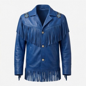 Veste en cuir véritable bleu premium pour homme avec franges, épaules et dos brodés, style motard, personnalisation OEM disponible - Product Image 1