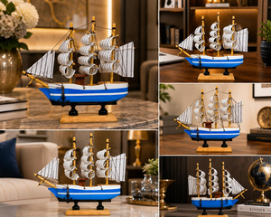 Bateau à voile en bois fait main, bleu et blanc rayé, décoration pour salon, bureau, étagère, table et décoration côtière - Product Image 6