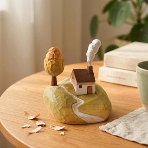 Sculpture paysagère en bois faite à la main, décoration minimaliste de table avec maison, arbre et effet de fumée pour salon - Product Image 5