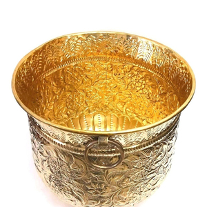 Ornate Antique Gold Handcrafted <b>Metal</b> Beverage <b>Tub</b> Decorated With Intricate Embossed Floral Engravings And Ring Side Handles - Product Image 5