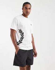 T-shirt en coton blanc à manches courtes et col rond pour homme, coupe classique, décontracté, avec imprimé laurier noir, haut en jersey tricoté - Product Image 5