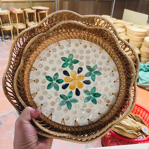 Mosaic Rattan Serving Tray with Mother Pearl Inlay Round Wicker Tray for Dinning <b>Table</b> Natural Boho <b>Table</b> Decor, Rustic Gift - Product Image 1