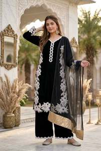 Designer Embroidery And Pearl Hand Work Natural Silk <b>Top</b> With Plazzo And Soft <b>Net</b> Dupatta Readymade Fully Stitched Set - Product Image 3