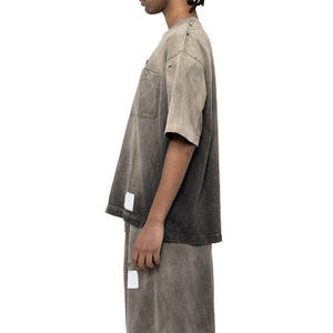 Camiseta de Gran Gramaje con Bolsillo Delantero, Lavado Ácido Desgastado, Lisa, Estilo Urbano Casual, Personalizable AI-TS-38 - Product Image 3