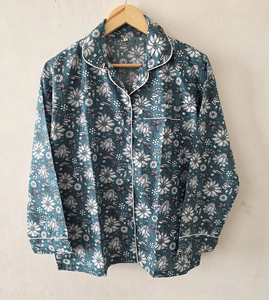 Ensemble de pyjama élégant en coton bleu sarcelle à motifs floraux pour femme, imprimé à la main, manches longues, respirant, séchage rapide, deux pièces, vêtements de nuit d'été - Product Image 3