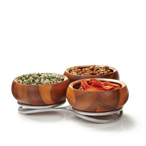 Ensemble de 3 bols de service en bois faits à la main avec support métallique décoratif, vaisselle rustique pour collations, salades, fruits - Product Image 2