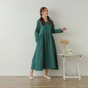 Robe midi en lin biologique 100% coton faite à la main pour femmes, coupe ample, manches courtes, vêtements sur mesure en grande taille, cadeau pour elle - Product Image 3