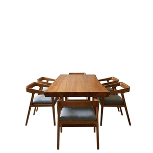 Ensemble de table à manger en teck massif avec 6 fauteuils rembourrés, table rectangulaire, style moderne du milieu du siècle, meubles de cuisine, suite de salle à manger en teck chaud - Product Image 1