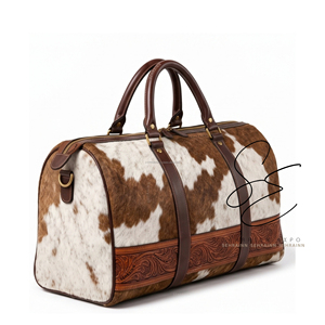 Brown White Cowhide Leather Duffle <b>Bag</b> Handmade Western Travel <b>Bag</b> Tooled Leather Weekender <b>Overnight</b> <b>Bag</b> for Women Men - Product Image 2